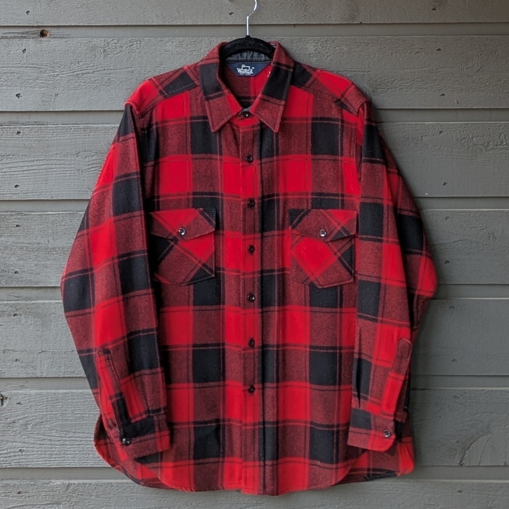 VTG 80s Woolrich Wool Buffalo Plaid Shirt Jacket Shacket XL USA Made Red Black